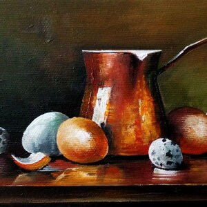 Copper Turkish Coffee Pot Still Life: Original Oil Painting/(12x25 cm)