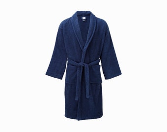 Navy Blue 100% Cotton Terry Towelling Bath Robes - Soft, Durable, & Absorbent. Truly Handmade, One Size (XL), Machine Washable