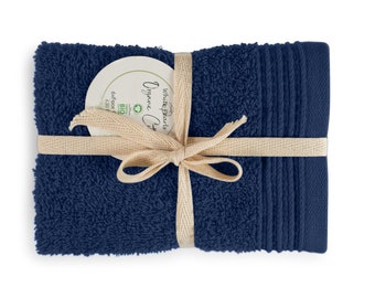 Serviettes bleu foncé 100 % coton bio (serviettes de toilette, serviettes de bain et draps de bain) - Ensemble cadeau avec rubans