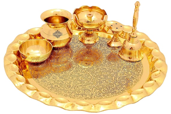 Brass Brass Puja Thali Set, Religious Spiritual Item, Home Temple