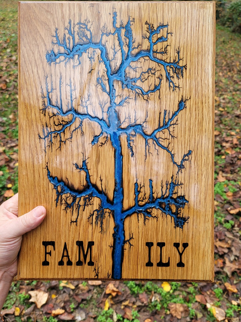White Oak with Blue Pearl Epoxy Family Tree Lichtenburg Fractal Wood burning