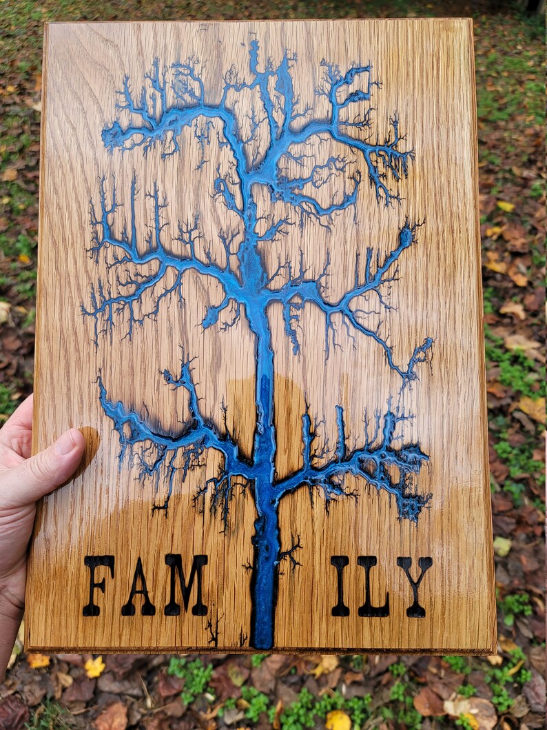 White Oak with Blue Pearl Epoxy Family Tree Lichtenburg Fractal Wood burning
