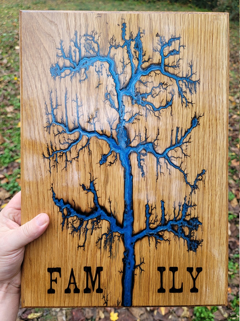 White Oak with Blue Pearl Epoxy Family Tree Lichtenburg Fractal Wood burning
