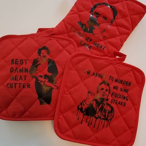 Horror movie pot holder set, funny potholder set, grilling set, funny horror film potholder set/scary movie