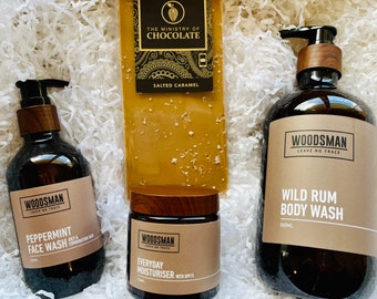 Mens Australian Made Gift Hamper Face Wash, Body Wash, Chocolate and Moisturiser Pack