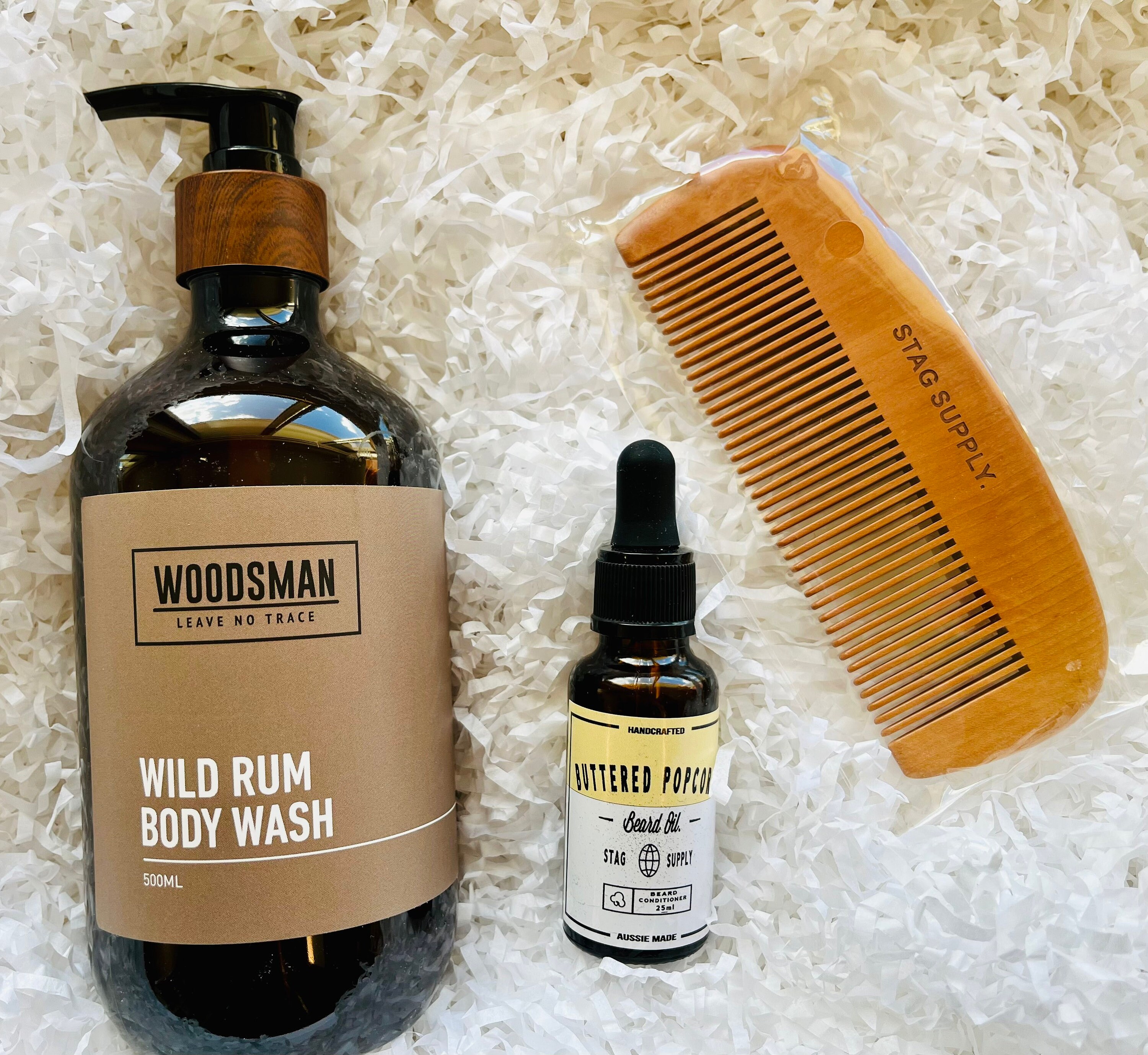 Mens Australian Made Body Wash, Beard Oil and Beard Comb Hamper