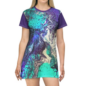 Purple & Teal Paint Pour T-Shirt Dress