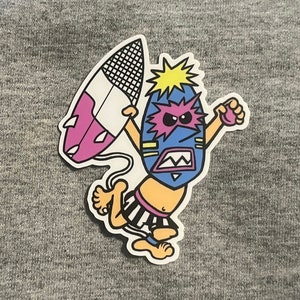 May include: A cartoon illustration of a surfer with a blue and pink mask, holding a surfboard and wearing a black and white striped swimsuit.