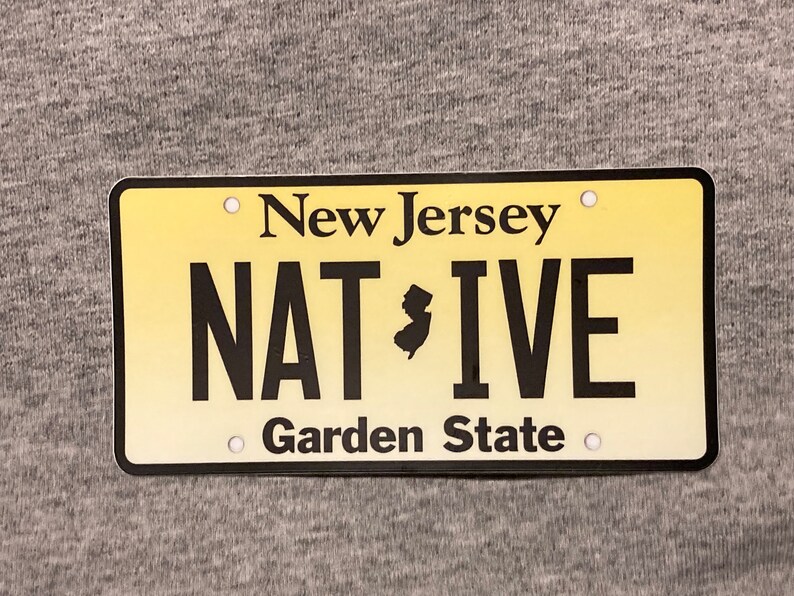 Pu&ograve; includere: Targa rettangolare con sfondo sfumato giallo. Il testo "New Jersey" &egrave; in alto, con "NATIVE" in grandi lettere nere e una silhouette del New Jersey. "Garden State" &egrave; in basso.