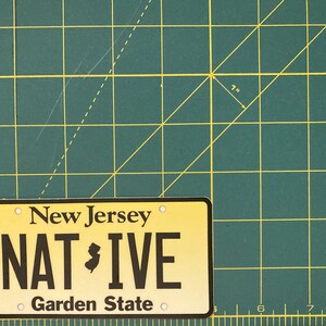 Pu&ograve; includere: Targa rettangolare con la scritta "New Jersey" sopra "NATIVE" e "Garden State" sotto. La targa &egrave; gialla con scritte nere e un piccolo contorno del New Jersey. La targa &egrave; lunga circa 17,78 cm.