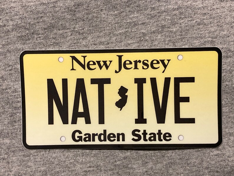 Pu&ograve; includere: Targa rettangolare con sfondo sfumato giallo. Il testo "New Jersey" &egrave; in alto, con "NATIVE" in grandi lettere nere e una silhouette del New Jersey. "Garden State" &egrave; in basso.