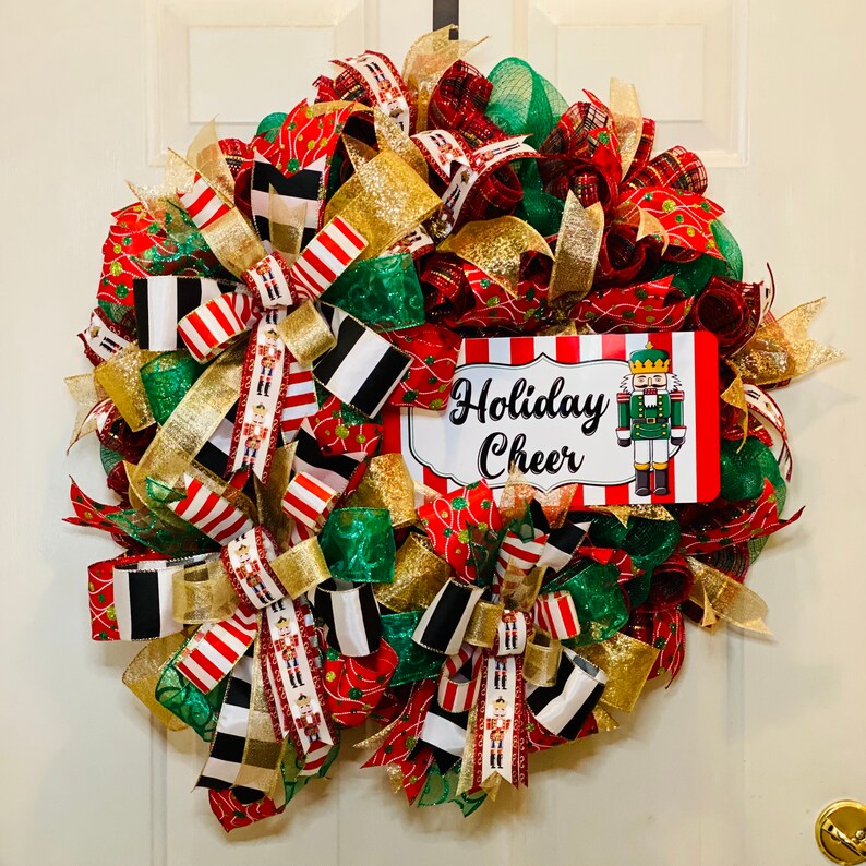 Holiday Cheer Wreath, Nutcracker Wreath, Merry Christmas wreath, Christmas gift idea, Front Door Wreath, Xmas Decor, Best shops Door Decor