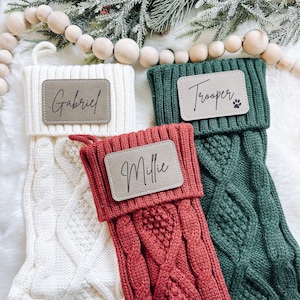 Personalized Christmas Stockings, Custom Cable Knit Stocking with Name, Leather Patch Name Stockings, Laser Engraved Christmas Knit Socks