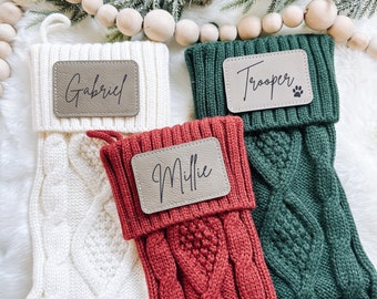 Personalized Christmas Stockings, Custom Cable Knit Stocking with Name, Leather Patch Name Stockings, Laser Engraved Christmas Knit Socks