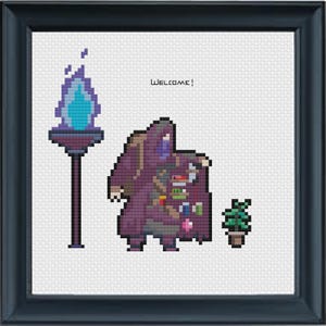 May include: A pixel art illustration of a purple robed figure with a blue flame torch and a potted plant. The text "WELCOME!" is above the figure.