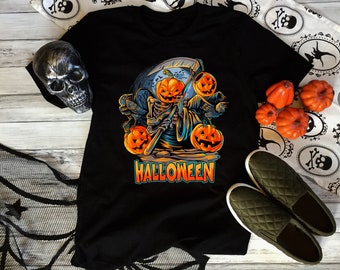 May include: Black t-shirt with a graphic of a skeleton holding a scythe and surrounded by pumpkins. The text "HALLOWEEN" is printed below the graphic.