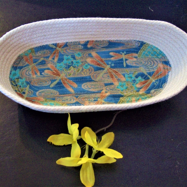 Oval Fabric Dragonfly Coiled Rope Bowl-medium sized-dragonfly design-Small oval fabric basket-rope bowl basket