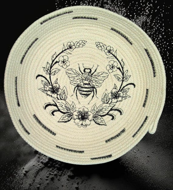Embroidered Bee Rope Bowl: Regal Bee Design, Handmade Cotton Basket
