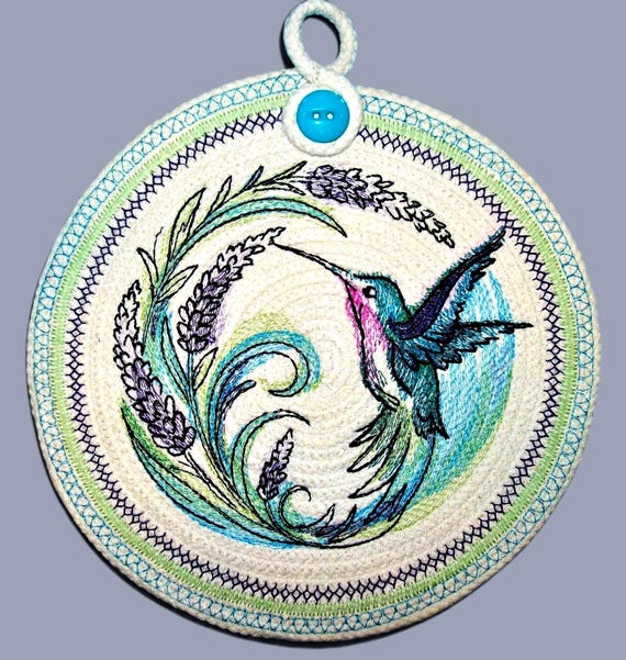 Embroidered Hummingbird Trivet: Coiled Rope Mat, Spring Decor