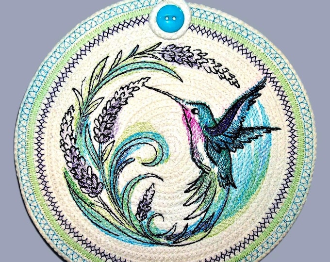 Embroidered Hummingbird Trivet: Coiled Rope Mat, Spring Decor