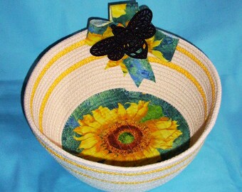 Cuenco de cuerda con diseño de abeja y girasol - Cesta de tela con flores mediana y grande