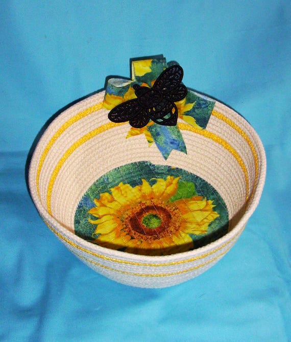 Sunflower Bee Rope Bowl-Medium Large Flower Fabric Basket
