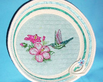 Cuenco de cuerda con bordado de colibrí - Cesta de tela decorativa