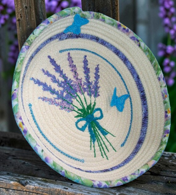 Embroidered Lavender Bouquet Rope Bowl with Lace Butterflies