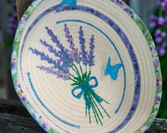 Embroidered Lavender Bouquet Rope Bowl with Lace Butterflies