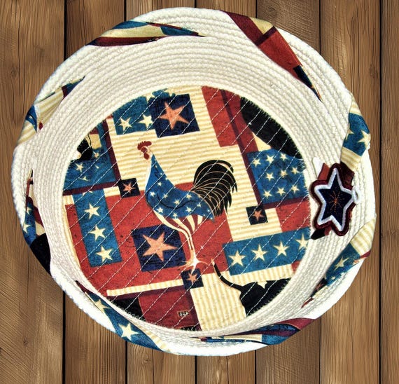 Patriotic Rope Basket Bowl: Americana Rooster Decor Basket