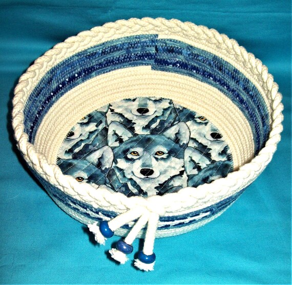 Wolf Rope Bowl-Coiled Basket-Wolf Decorative Fabric Bowl-Handmade Gift Bowl-fabric wrapped basket-Montana Hand Crafted