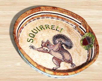Squirrel Embroidered Rope Bowl-Fabric Wrapped Basket-Kitchen Decor