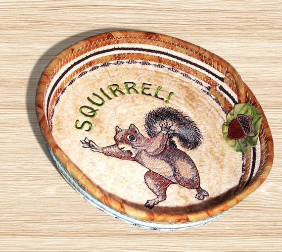 Squirrel Embroidered Rope Bowl-Fabric Wrapped Basket-Kitchen Decor