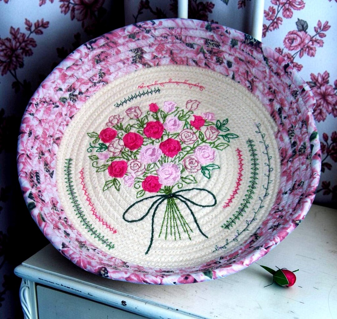Embroidered Rose Rope Bowl: Handmade Fabric Wrapped Basket - Etsy