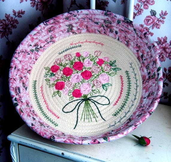 Embroidered Rose Rope Bowl: Handmade Fabric Wrapped Basket
