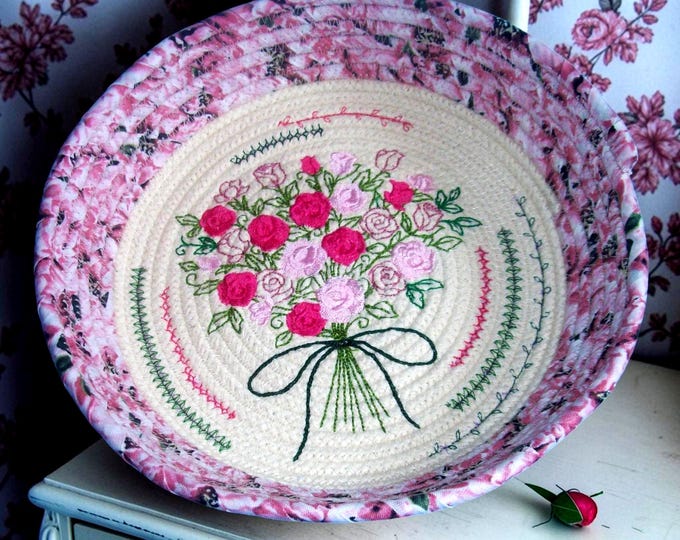 Embroidered Rose Rope Bowl: Handmade Fabric Wrapped Basket