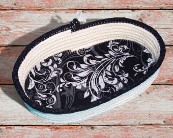 Oval Rope Bowl-Fabric Wrapped Basket-Handmade Coiled Sewn Container-Clothesline Decorative Cord Dish-Catch-all Accessory Organizer Bowl