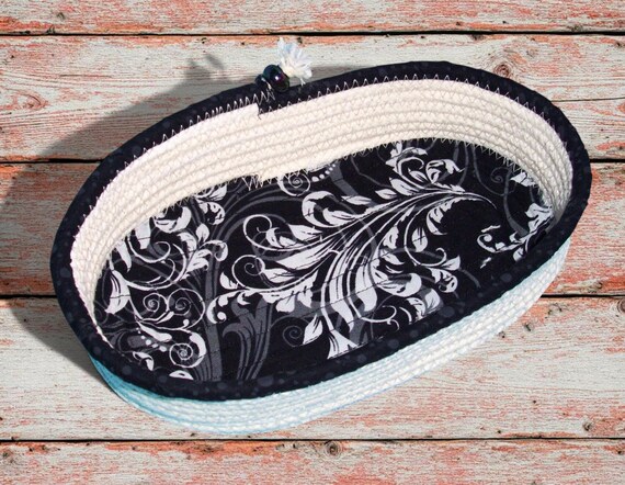 Oval Rope Bowl-Fabric Wrapped Basket-Handmade Coiled Sewn Container-Clothesline Decorative Cord Dish-Catch-all Accessory Organizer Bowl