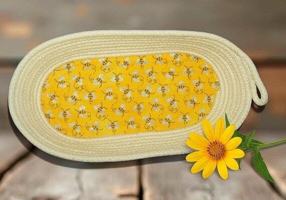 Honeybees Rope Basket: Handmade Oval Coiled Bowl-Eyeglass Holder