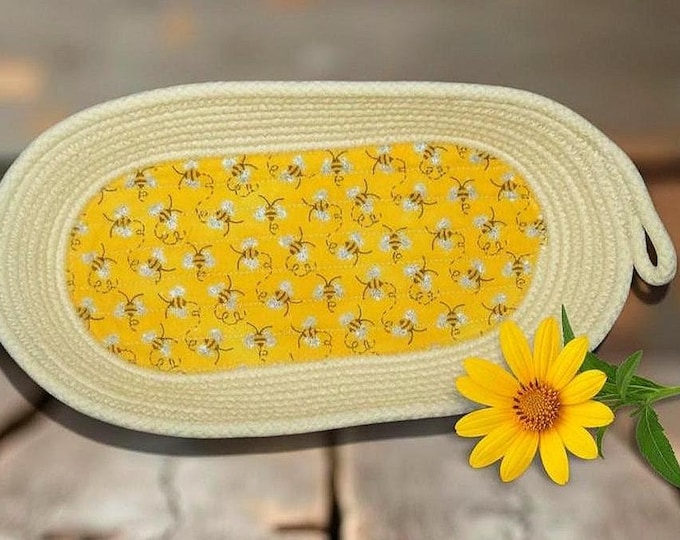 Honeybees Rope Basket: Handmade Oval Coiled Bowl-Eyeglass Holder
