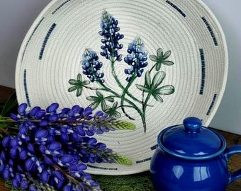 Coiled Rope Bowl-Embroidered Montana Lupines-Texas Bluebonnet Flowers-Handmade Cord Basket-Country Style Gift