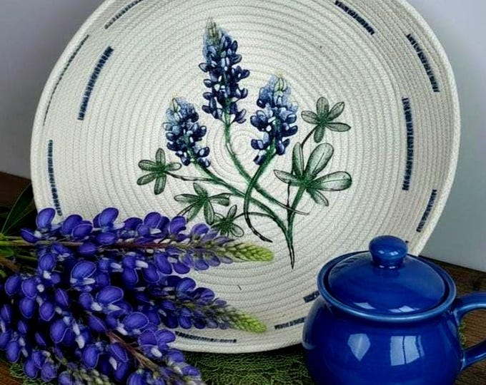 Coiled Rope Bowl-Embroidered Montana Lupines-Texas Bluebonnet Flowers-Handmade Cord Basket-Country Style Gift