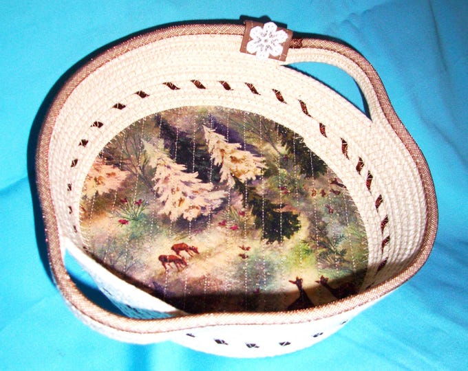 Handmade Deer Rope Bowl: Embroidered Forest Scene Basket
