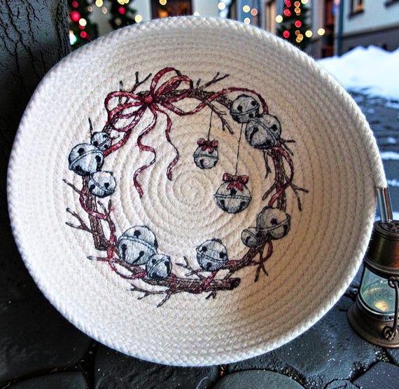 Embroidered Rope Bowl: Christmas Jingle Bells, Winter Holiday Basket