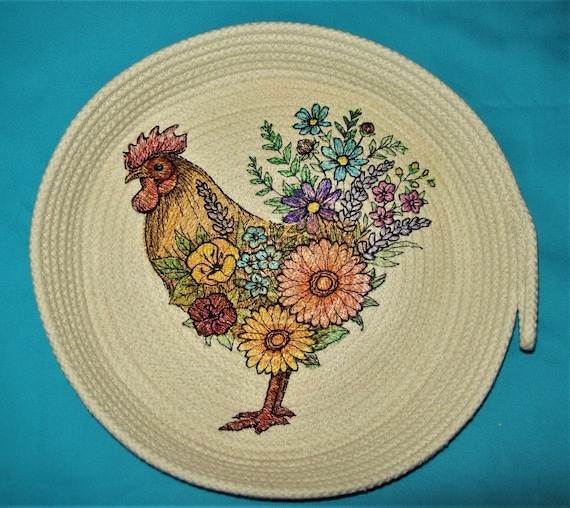 Floral Rooster Coiled Rope Bowl-chicken Rope Basket-embroidered