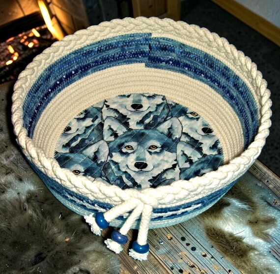 Wolf Rope Bowl-Coiled Basket-Wolf Decorative Fabric Bowl-Handmade Gift Bowl-fabric wrapped basket-Montana Hand Crafted