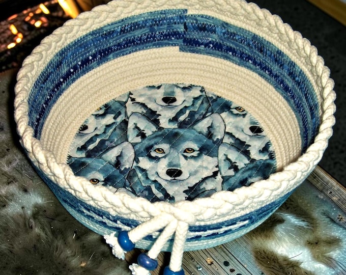 Wolf Rope Bowl-Coiled Basket-Wolf Decorative Fabric Bowl-Handmade Gift Bowl-fabric wrapped basket-Montana Hand Crafted