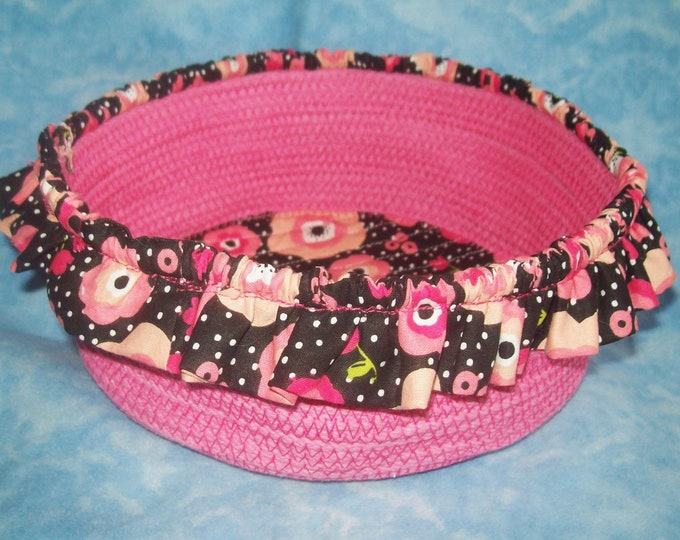 Floral Rope Bowl: Ruffled Pink Fabric Coiled Basket, Nursery Organizer