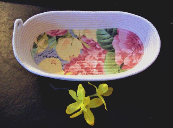 Oval Cotton Rope Bowl: Vintage Rose Fabric, Shabby Chic Basket