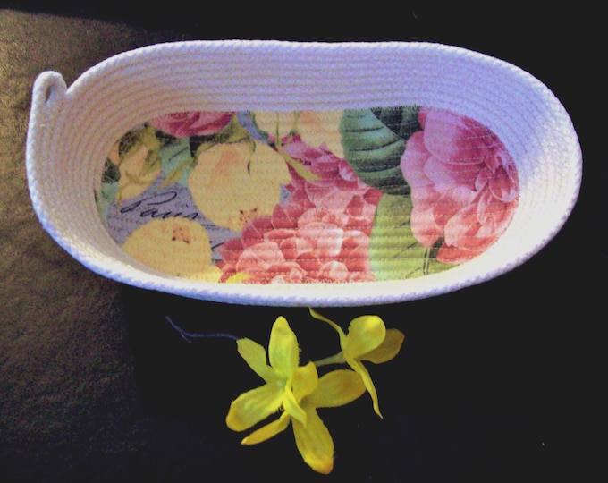 Oval Cotton Rope Bowl: Vintage Rose Fabric, Shabby Chic Basket